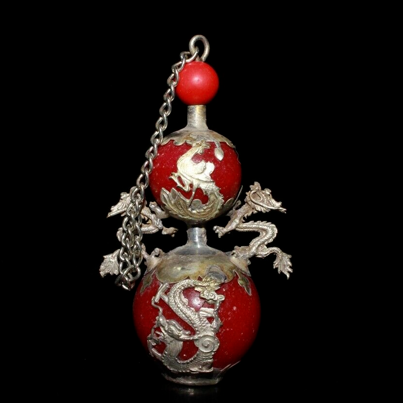 Chinese Old tibet silver inlay red turquoise handwork gourd snuff bottle