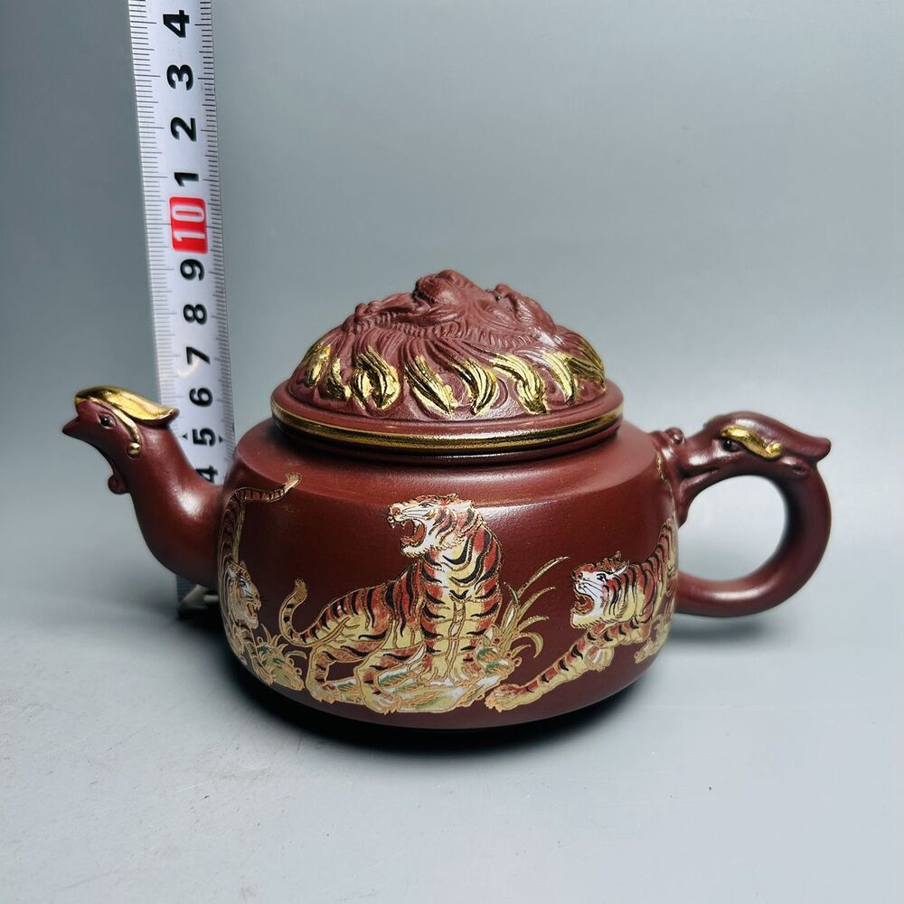 Chinese Yixing Purple Clay Teapot Zisha Ceremony Painted Tiger Nice Tea Set Rare