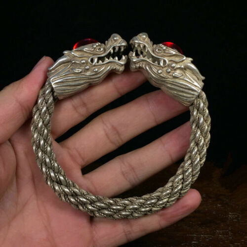 Collectible Chinese Ruby Tibet Silver Handwork Auspicious Dragon Bracelet