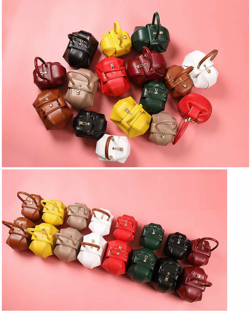 Real Leather Wonton Round Pouch Clutch Purse Top Handle Tote Handbag Grab Bag