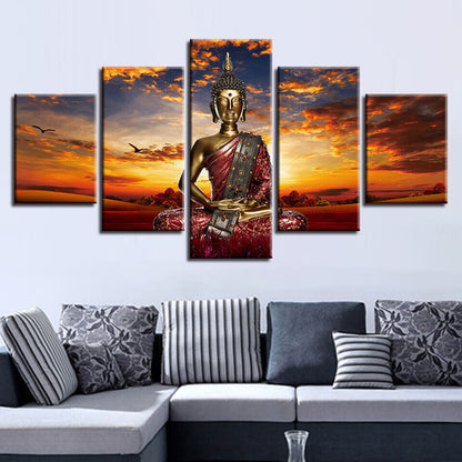 Sunset Buddha Meditation Statue Buddhism Canvas Print Painting Wall Art Decor 5P