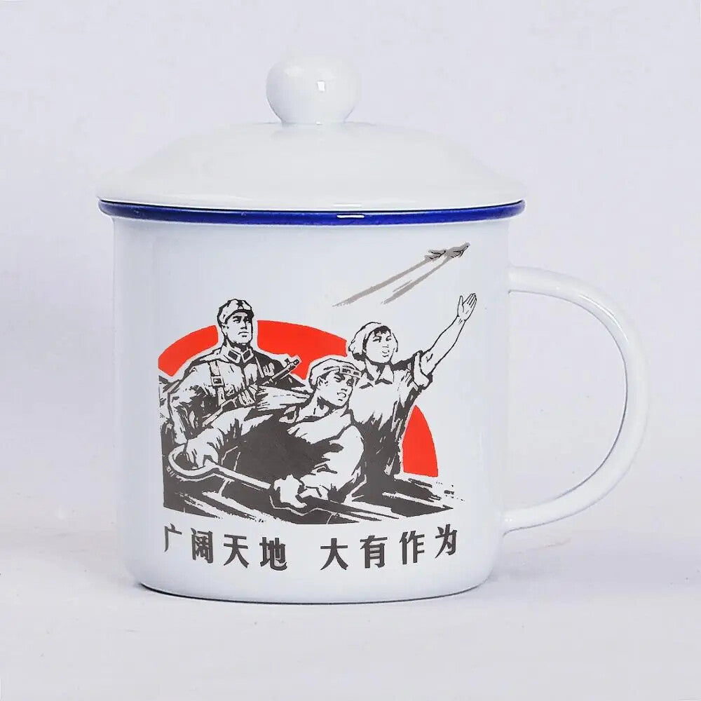 450M ceramic cup + lid Chinese *** retro drinking glass teapot enamel mug -