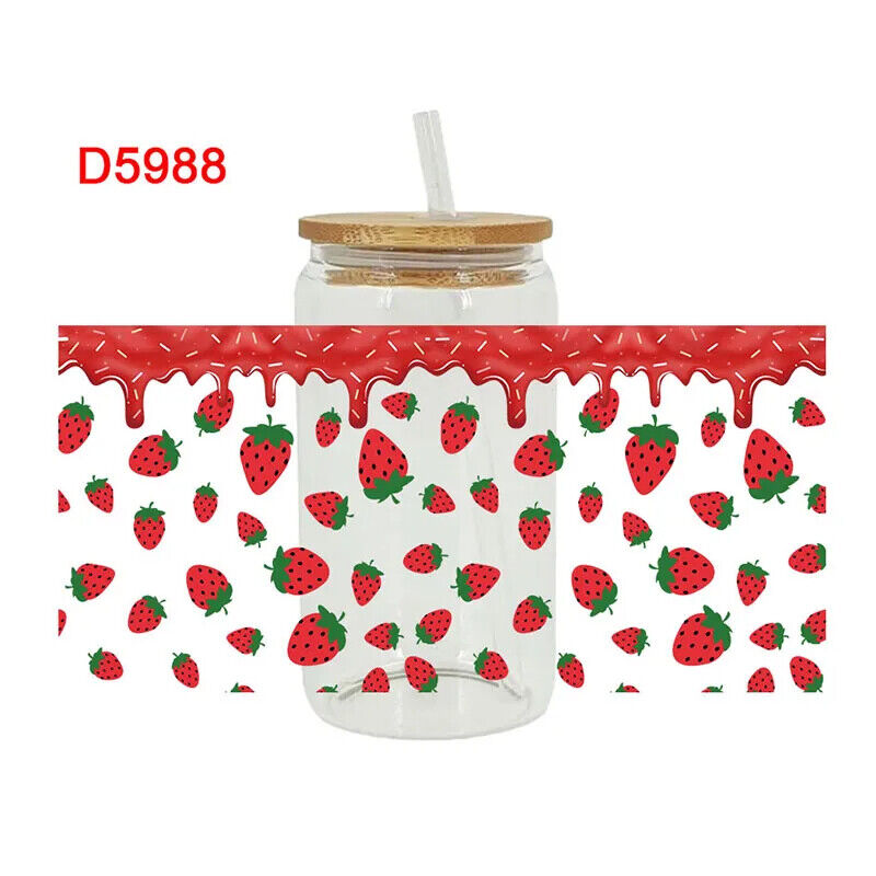 Transfers Stickers 16oz Cup Wraps 3D UV DTF Strawberry Printed DIY Decal 23x11cm