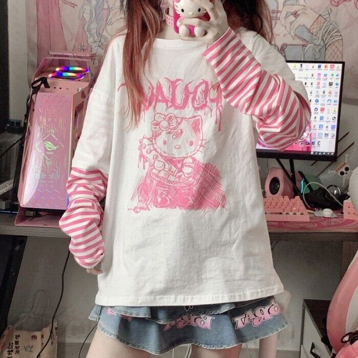 Japanese sweet loose Kawaii cute Hello Kitty blouse long-sleeved T-shirt women
