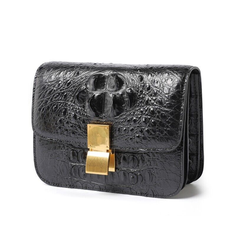 Black Alligator Crocodile Skin Leather Bags, Women's Luxury Sling Shoulder Bags