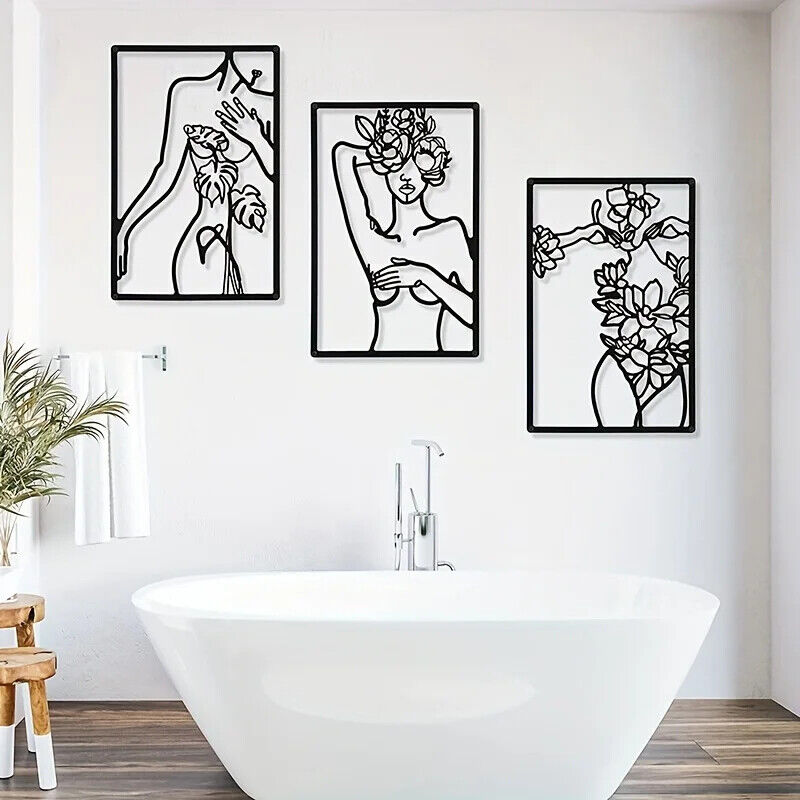 3pc Minimalist Abstract Woman Wall Art - Metal Line Drawing Home Decor