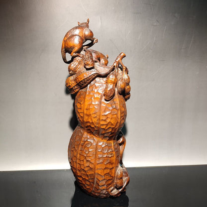 8" Chinese Wood Carving Mouse Peanut Appealing Sculpture Lovely Woodwork Decor