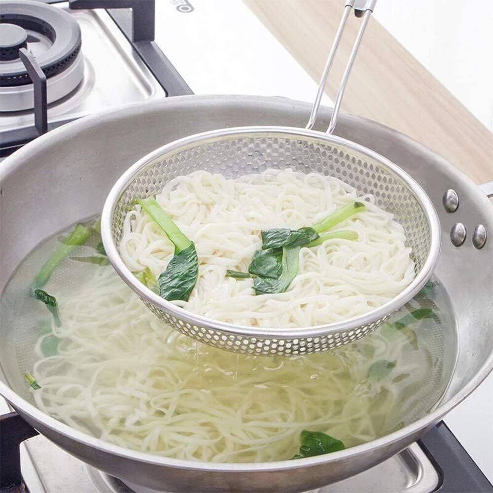 Stainless Steel Skimmer Strainer with Wooden Handle Pasta Noodle Net Kitchen