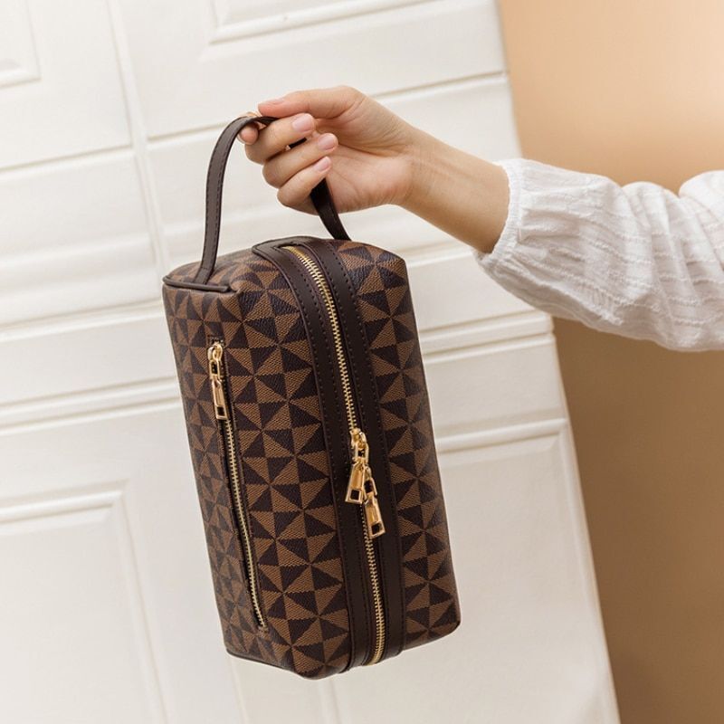Synthetic Leather Cosmetic Handbag Brown/Black Travel Clutch Portable Makeup Bag