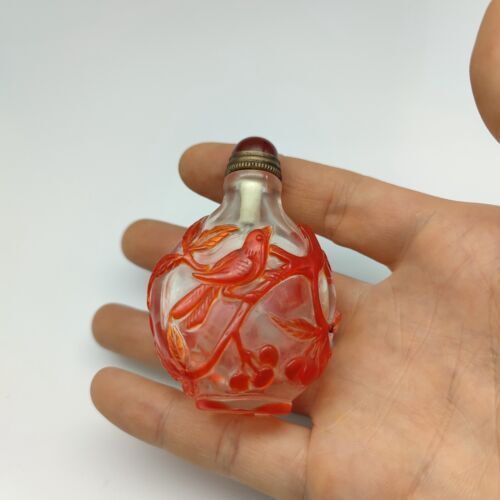 Chinese Old Beijing Glaze Carved Flowers And Birds Snuff Bottle Collectibles Art
