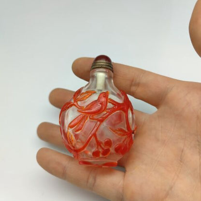 Chinese Old Beijing Glaze Carved Flowers And Birds Snuff Bottle Collectibles Art