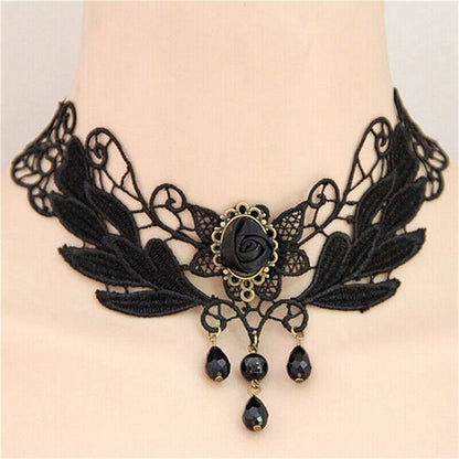 Women's Black Rose Teardrop Bead Pendant Lace Choker Lolita Collar NecklacY;US