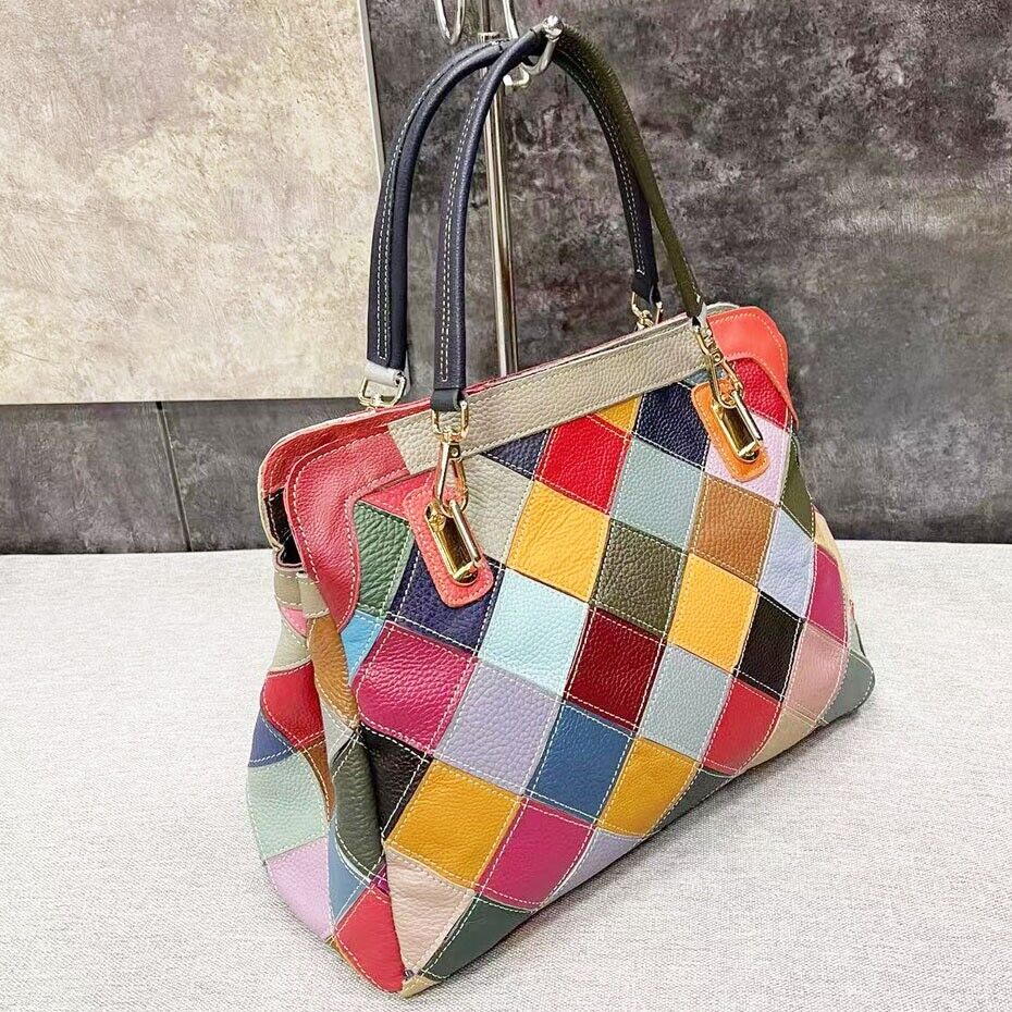 100% Genuine Leather Colorful Patchwork Handbag Women's Tote Shoulder Bag
