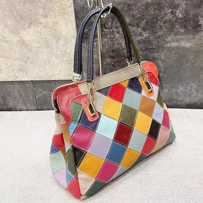 100% Genuine Leather Colorful Patchwork Handbag Women's Tote Shoulder Bag