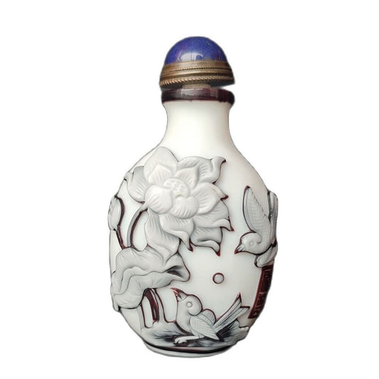 Old Beijing Carved Glass Snuff Bottle Colored Glaze Flower Bird Statue Gifts Art