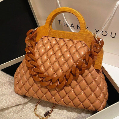 Handbag Thick Chain Vintage Wood Grain Shoulder Clutch Purses Bag 25*21*9CM Hasp
