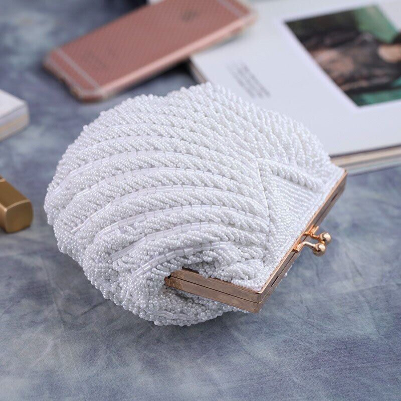 Women Wedding Handbag Evening Party Bags Clutches White Shell Beaded Clutch Bag