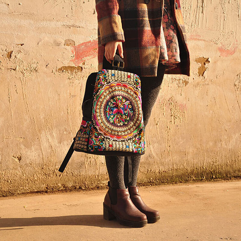 Embroidered Women Canvas Backpacks Floral Embroidery Schoolbag Travel Bags