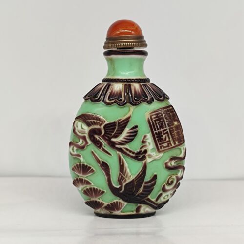 vintage chinese peking glass snuff bottle carved crane sculpture statue signet