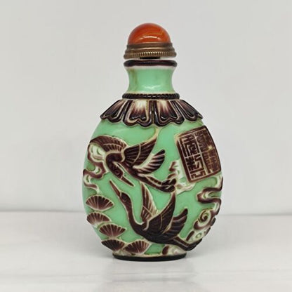 vintage chinese peking glass snuff bottle carved crane sculpture statue signet