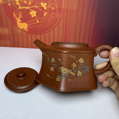 Vintage China Yixing Purple Clay Teapot Zisha Ceremony Painted Flower Bird Rare