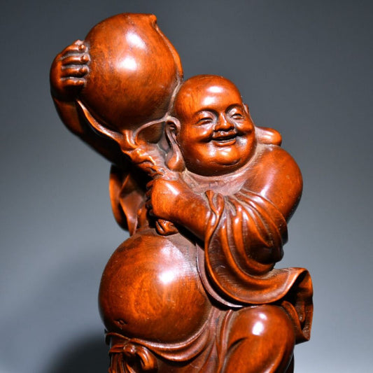 Vintage Chinese Wooden Carved Laughing Buddha Figure Statue Wood Home Decor Art