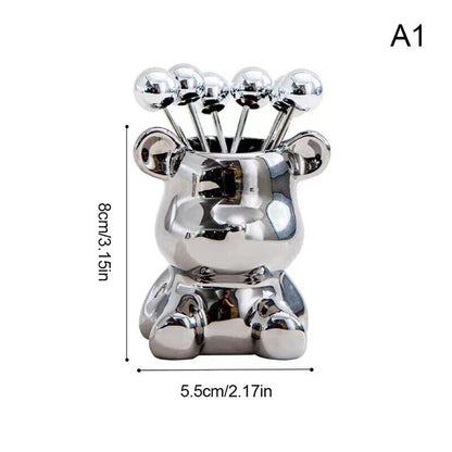 Dessert Forks 6Pcs Stainless Steel Fruit Pick W/ Storage Jar Bear Party Utensils