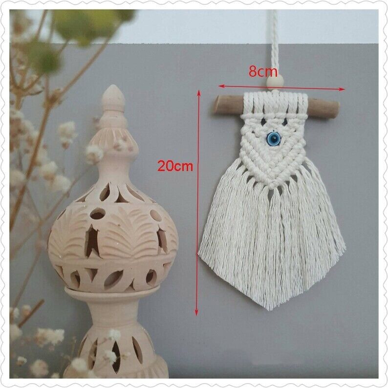 Wall Hanging Macrame Lucky Eye Glass Blue Turkish Pendant Handmade Decor 8x20cm