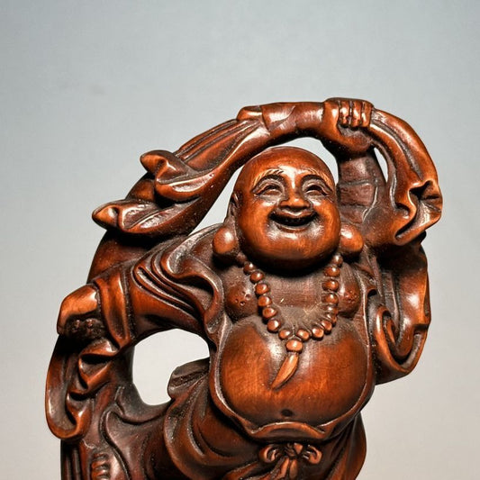 Vintage Chinese Boxwood Carving Laughing Buddha Statue Decor Wooden Figurine Art