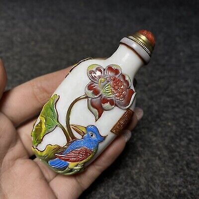 vintage chinese carved peking glass snuff bottle rare lovers bird boxes beijing