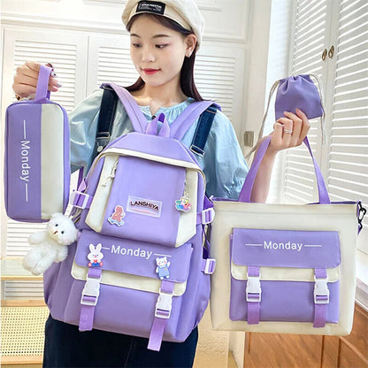 5 Pcs Sets Kids School Backpack Women's Bag Girls Students Bag Rucksack
