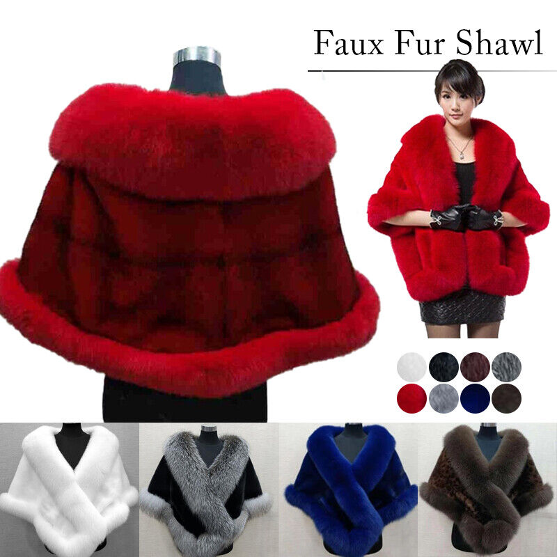 Women Luxury Fluffy Faux Fur Shawl Bridal Wedding Evening Cape Warm Dress Stole