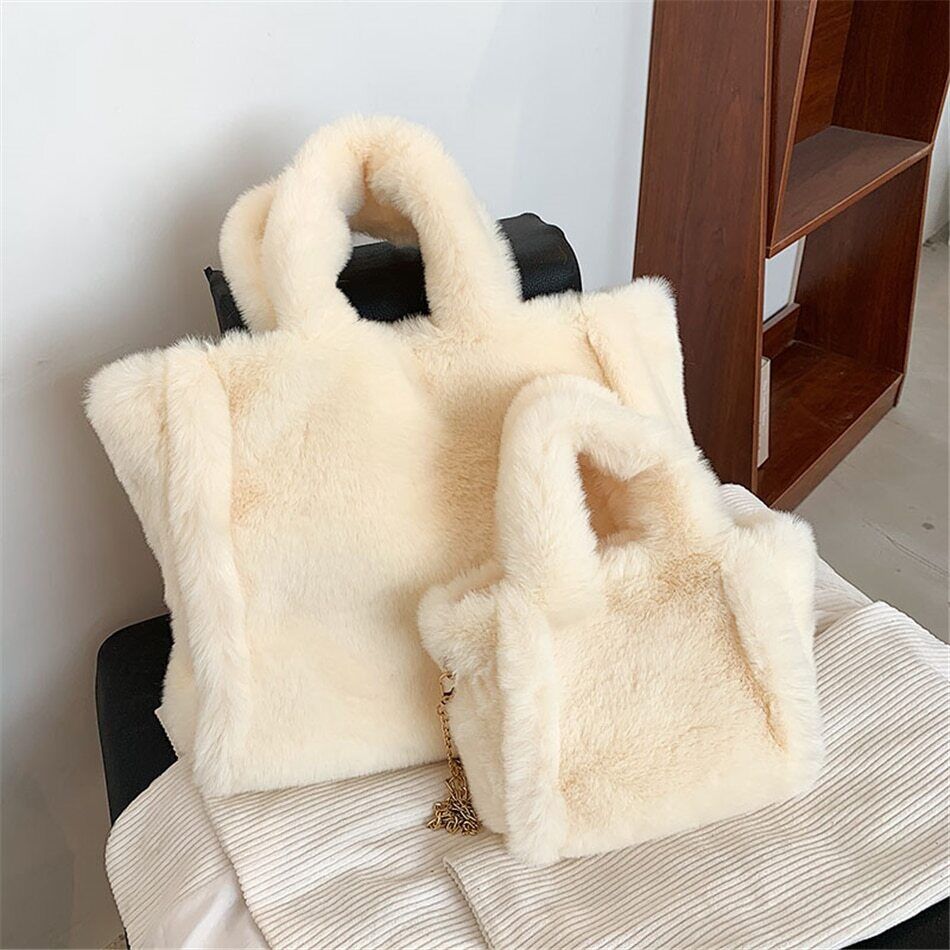 Faux Fur Women's Tote Bag Plush Shoulder Bags Women Soft Top Handbags Warm