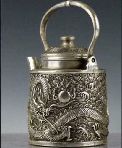 China Old White copper Handmade Flying dragon Teapot Flagon Statues