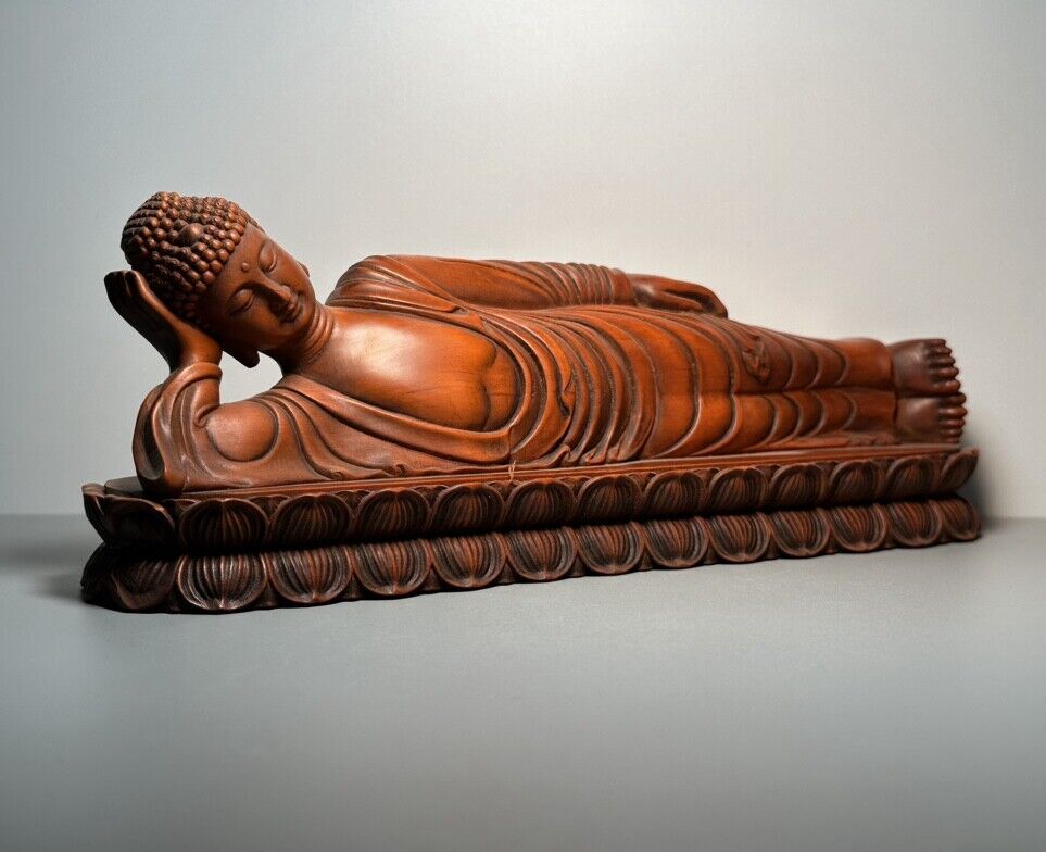 Vintage Wooden Carving Reclining Buddha Statue Ornaments Woodwork Sculptures Art