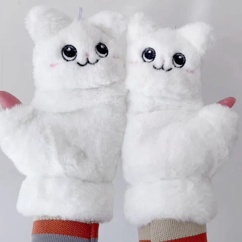 Women Winter Gloves Coral Fleece Half-Finger Style Plush Warm Soft Thick Mittens