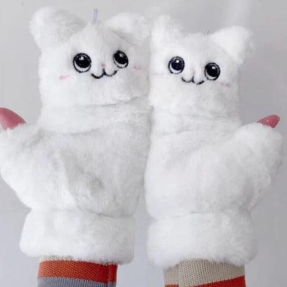 Women Winter Gloves Coral Fleece Half-Finger Style Plush Warm Soft Thick Mittens