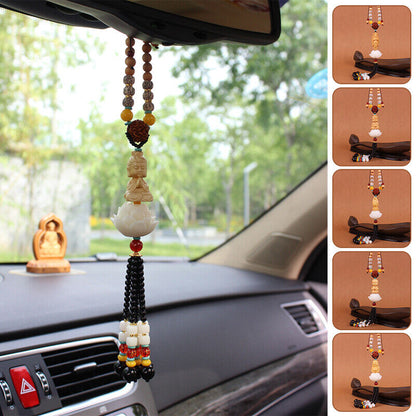 Boxwood Carved Lotus Buddha Guanyin Car Pendant Figurines Hanging Decor
