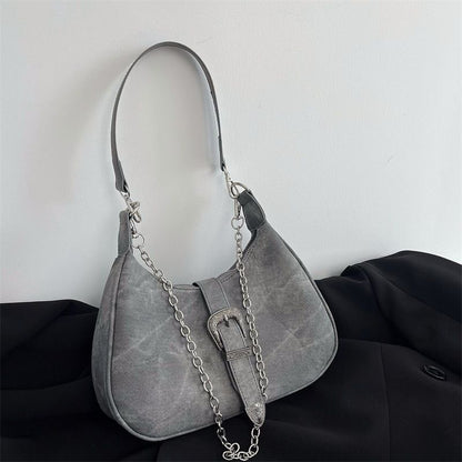 Frosted Polyester Shoulder Bag Vintage Chain Zipper Purse Versatile Handbag 1 Pc