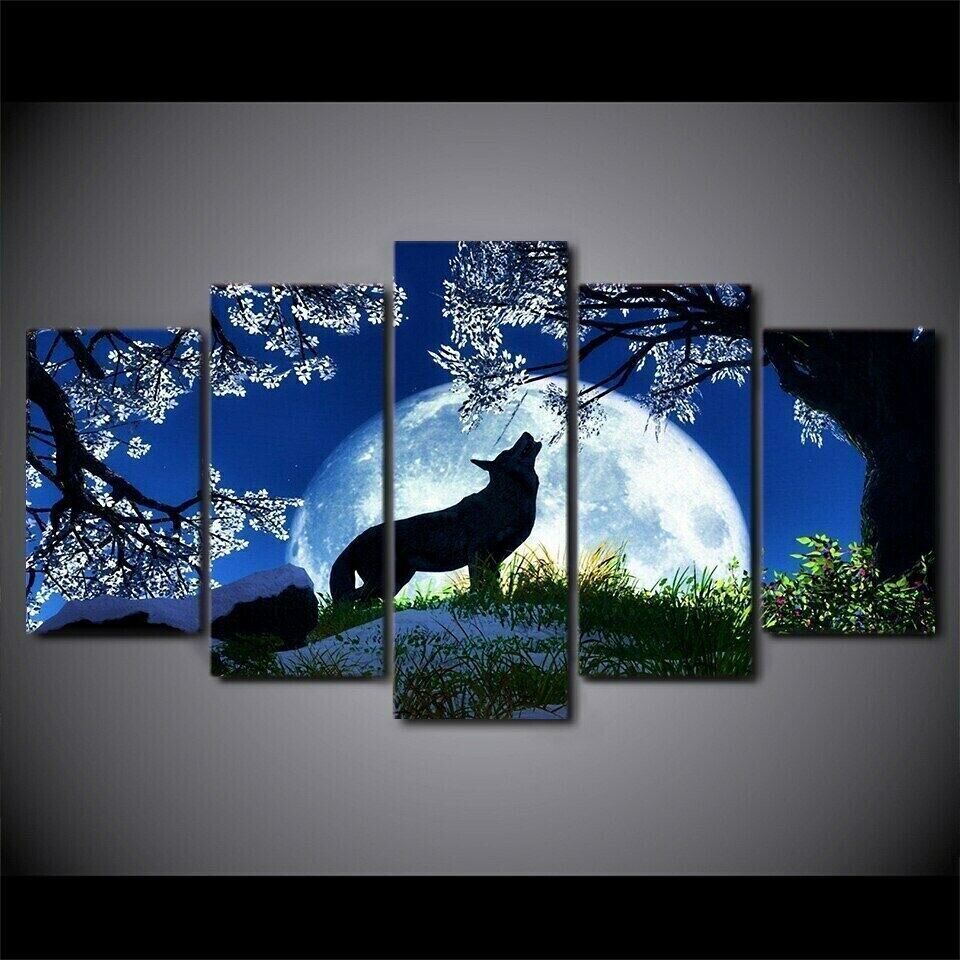 Howling Wolf Full Moon Night Poster 5 Panel Canvas Print Wall Art Home Decor