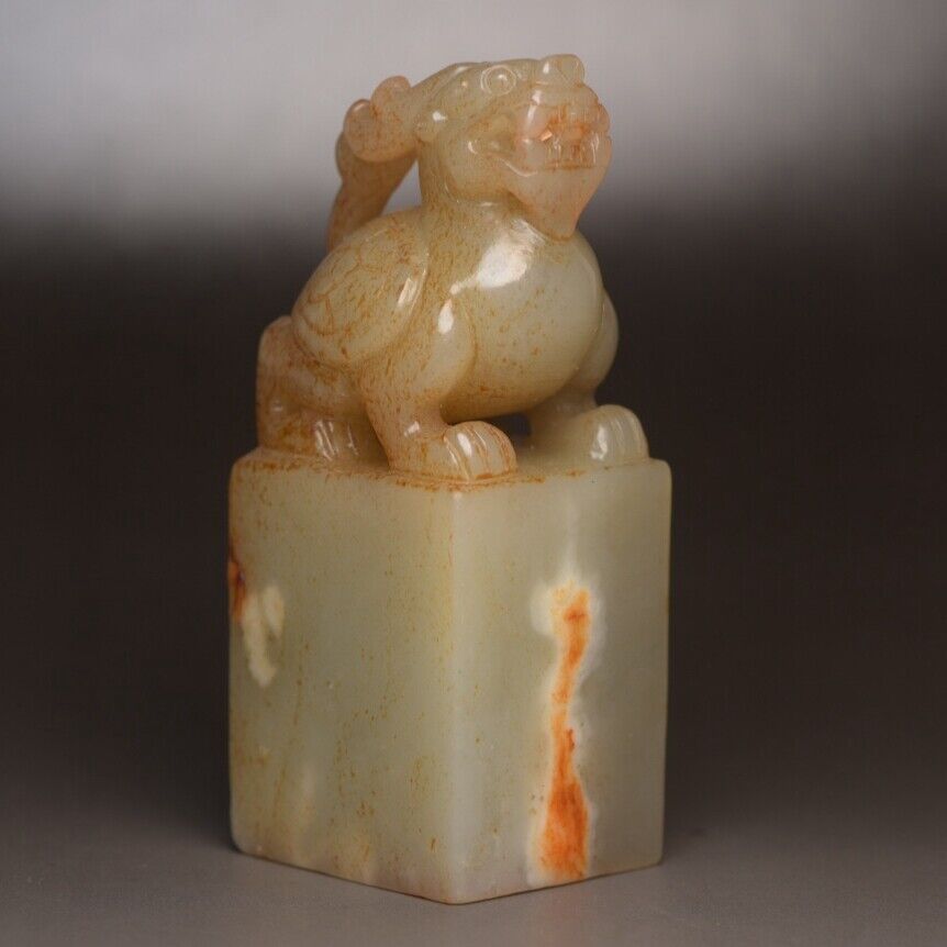 Antique Chinese Natural Hetian Jade Carving Dragon Turtle Seal Statue Sculpture