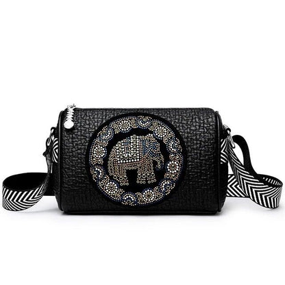 Women's Crossbody Genuine Leather Embroidered Duffel Bag Elephant Pattern Gift