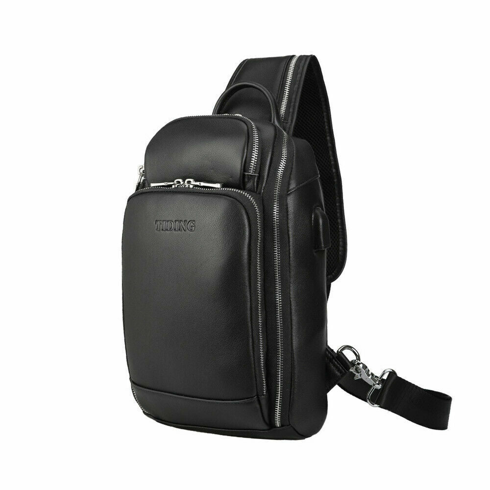 Men Real Leather USB Charging Sling Bag Chest Single Strap Backpack Shoulder Bag