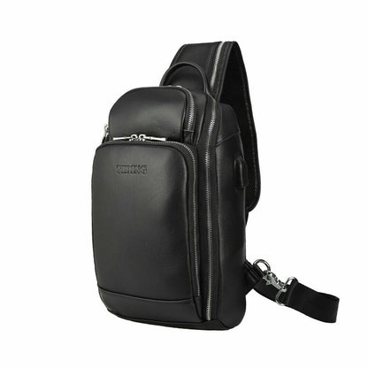 Men Real Leather USB Charging Sling Bag Chest Single Strap Backpack Shoulder Bag