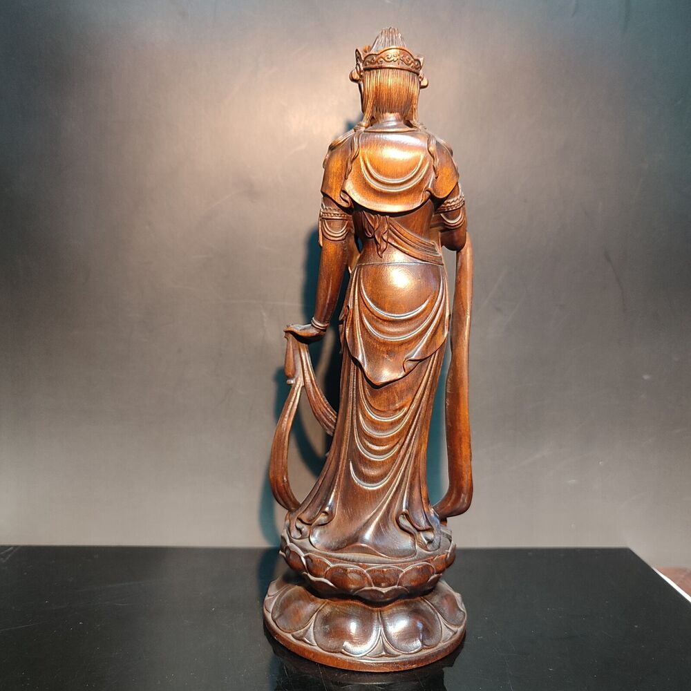 8" Carved Guan Yin Statue Wooden Buddha Quan Kwan Yin Bodhisattva Praying Figure