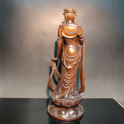 8" Carved Guan Yin Statue Wooden Buddha Quan Kwan Yin Bodhisattva Praying Figure