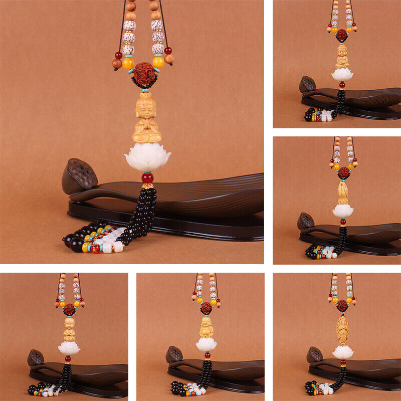 Boxwood Carved Lotus Buddha Guanyin Car Pendant Figurines Hanging Decor