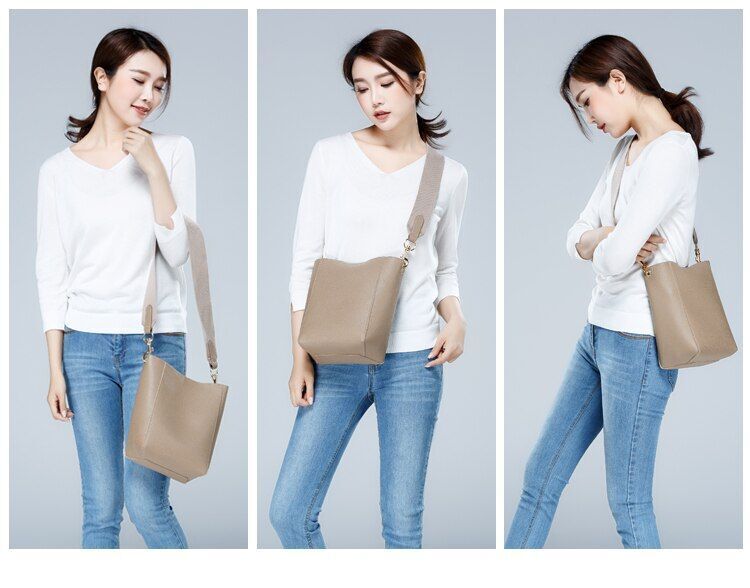 Bucket Shoulder Bag Women Handbags Synthetic Leather Messenger Bags Wide Strap