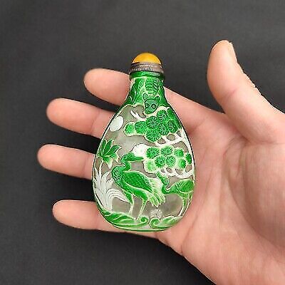 vintage chinese peking glass snuff bottle Crane Statue Heron bird bat fu collect