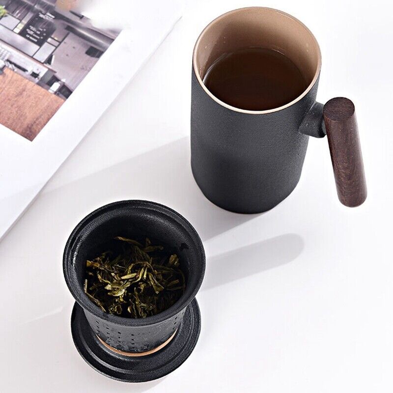 Ceramic Black Tea Mug With Infusion Wooden Handle Tea Cups